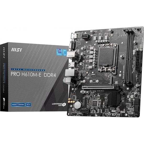 MSI PRO H610M-E DDR4 Motherboard, Micro-ATX - Supports Intel 12th Gen Core Processors, LGA 1700-2 x DIMMs (3200MHz), 1x PCIe 4.0 x16 slot, 1 x M.2 Gen3, USB 3.2 Gen1, 1G LAN, HDMI 1.4 & VGA