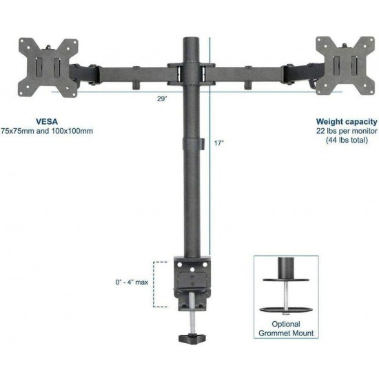 Dual Monitor Desk Mount Stand, Heavy Duty Fully Adjustable Computer Monitor Arm for 2 /Two LCD Screens up to 32 Inch with C-Clamp and Grommet Base